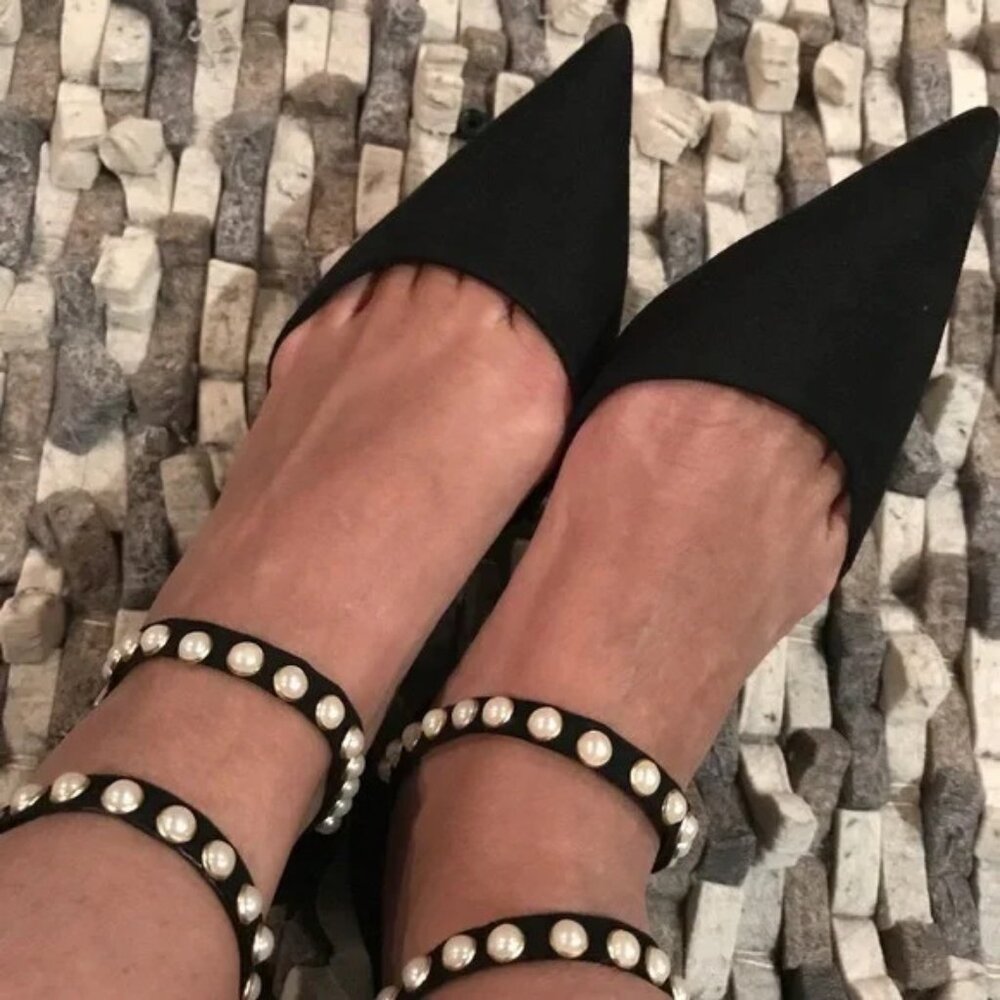 Zara Black Pointed Toe Pearl Beaded Ankle Strap Flats
